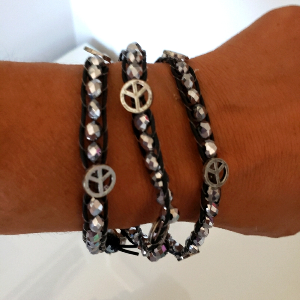 Peace Sign Blue Beaded Woven Choker Chain Bracelet Boho Hippie Sparkly Mid Evil